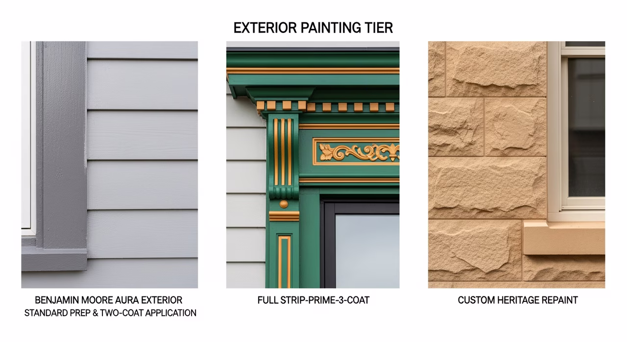 Three Toronto exterior painting tiers compared: standard 2-coat with Benjamin Moore Aura Exterior on cedar clapboard, full strip-prime-3-coat heritage Victorian gingerbread, mineral silicate on limestone heritage facade