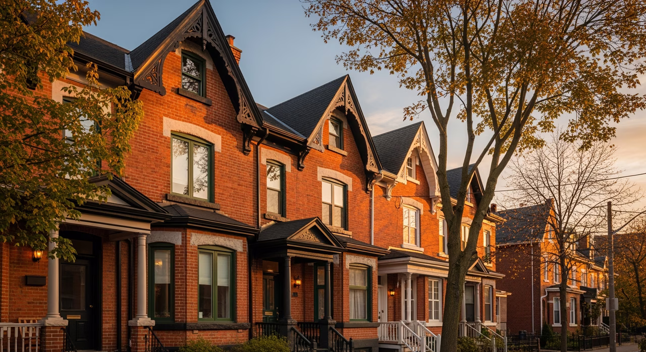 Toronto Cabbagetown 1880s Victorian semi-detached red-brick row at golden hour, mature maples, freshly-painted black trim and dark green gingerbread millwork where heritage repaints run $9K-$32K