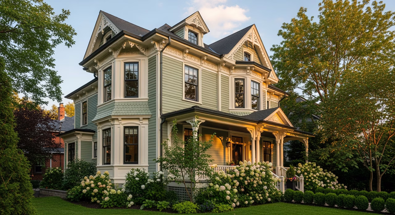 Completed Toronto luxury exterior repaint, 2.5-storey Victorian detached with sage-green cedar clapboard body, cream gingerbread trim, black sash windows, charcoal porch ceiling