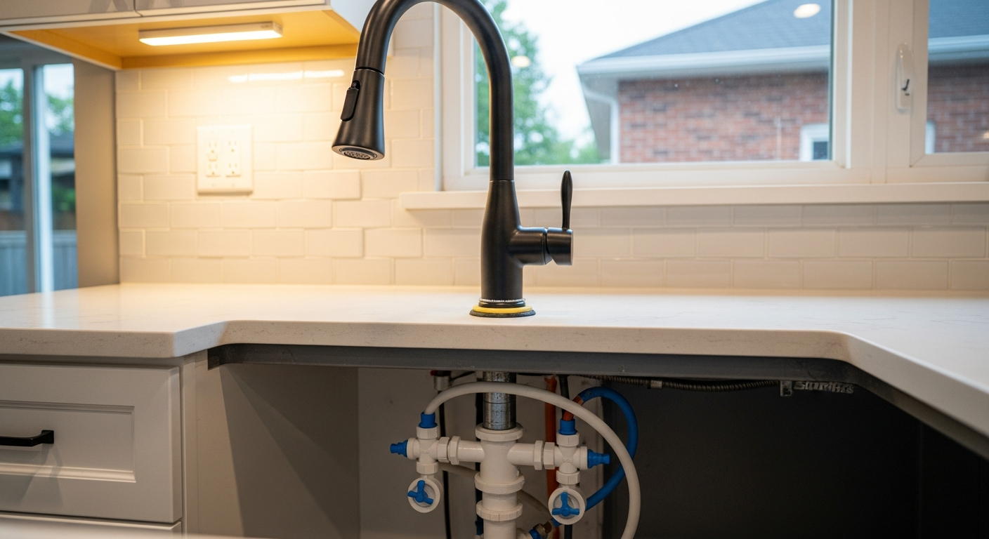 Close-up of professional faucet installation & repair work delivered in Clarington