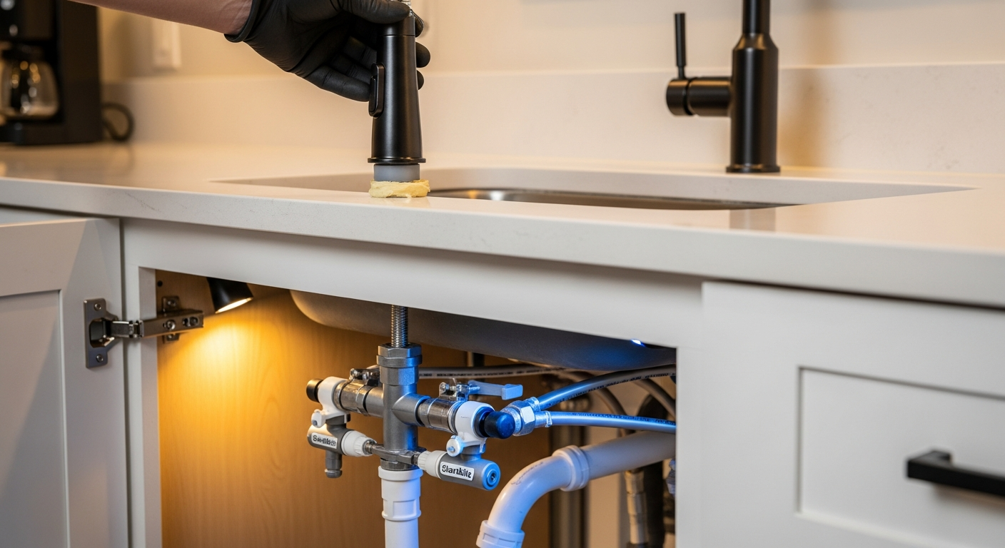 Close-up of professional faucet installation & repair work delivered in Toronto