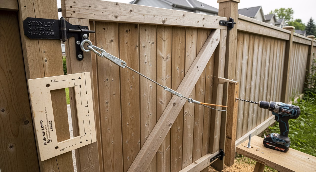 Toronto fence-gate installer setting Western Red Cedar single 4-foot pedestrian gate with Z-bracing from bottom-hinge-side to top-latch-side corner for racking resistance, GateMate heavy-duty HDG hinges through-bolted to new 4x4 cedar post on concrete pier to 1.2m frost depth, drop-bolt latch visible