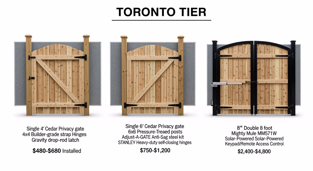 Three Toronto fence-gate tiers compared: standard cedar single pedestrian gate at $380-$680, premium cedar double swing-gate for vehicle access at $1,200-$2,200, pool-enclosure self-closing self-latching Magna-Latch gate per bylaw 626-2014 at $580-$980, automated swing gate with Liftmaster LA500 operator and battery backup at $3,800-$7,800