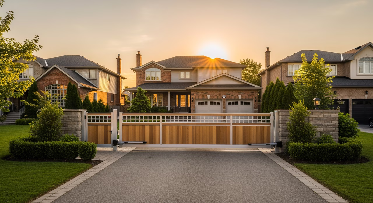 Toronto Vaughan 2010s detached luxury home with ornamental wrought-iron front-yard automated swing gate with intercom access on long driveway at golden hour where Italian-Canadian aesthetic preference for automated wrought-iron front gate commonly runs $3,800-$12,500 with full ESA notification