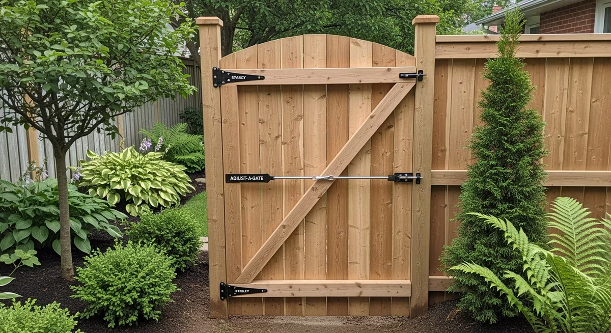 Completed Toronto rear-yard cedar privacy fence gate showing newly-installed Western Red Cedar single pedestrian gate with matching picket profile to adjacent fence, GateMate HDG self-closing spring hinge for pool-enclosure compliance, Magna-Latch self-latching at 1.5m height, fresh Cabot Premium stain