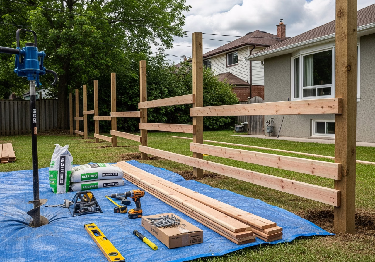 Fence Installation in progress: tools, materials, and protective floor covering staged for a Toronto exterior work