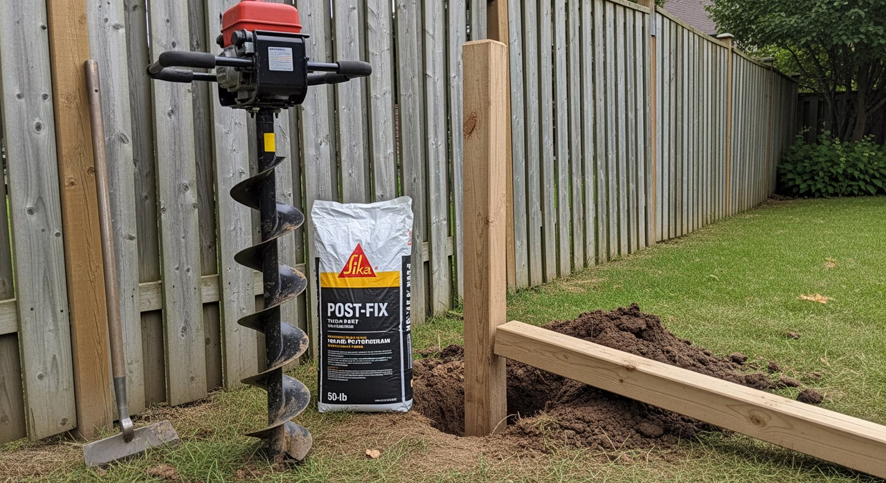Toronto fence-repair specialist replacing leaning Western Red Cedar 4x4 fence post with new cedar post set in fresh 30 MPa concrete pier to 1.2m frost depth, Simpson Strong-Tie post-base saddle anchor cast into top of concrete, plumb verified with 6-foot level, adjacent fence sections being supported during cure