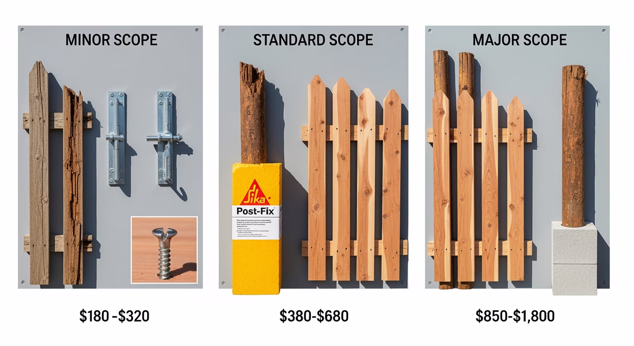 Three Toronto fence-repair tiers compared: minor scope 2-6 picket replacement plus single gate hinge or latch repair at $180-$320, standard scope 10-20 picket replacement plus 1-2 post replacement plus top-rail repair at $380-$720, major scope 4-8 post replacement plus 20-40 linear feet section rebuild plus full gate replacement at $820-$1,800