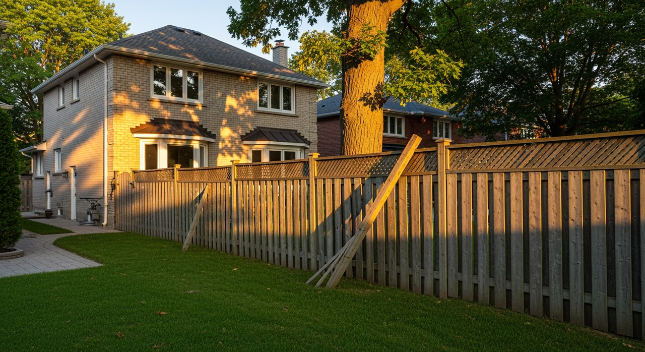 Toronto Mississauga 1990s detached two-storey home with rear-yard cedar privacy fence at 25-year service mark on family street at golden hour where mid-life repair scope includes post replacement to 1.2m frost depth plus picket refresh plus full stain treatment