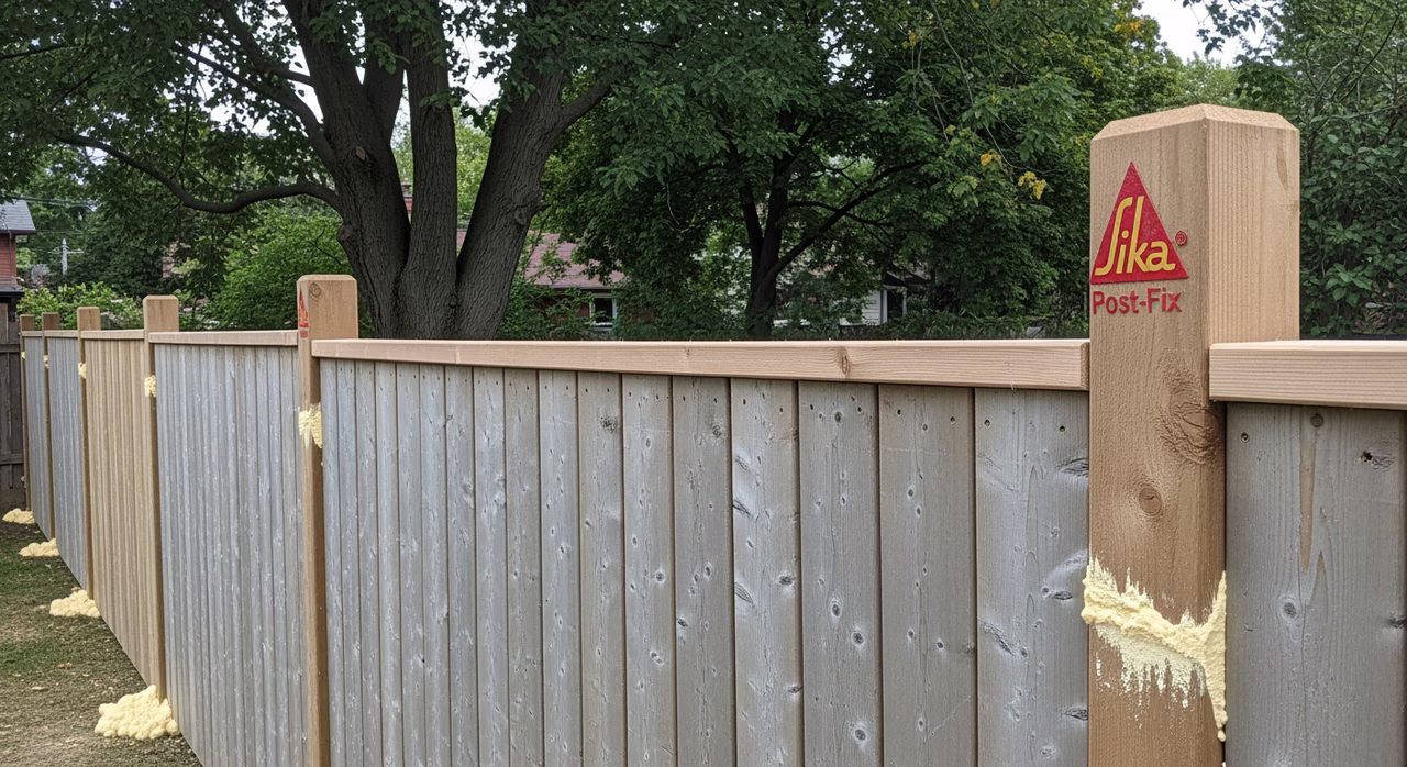 Completed Toronto rear-yard cedar privacy fence after repair showing newly-replaced posts in matching cedar with fresh saddle anchors visible at base, picket replacement seamlessly integrated with existing weathered pickets, fresh Cabot Premium semi-transparent stain applied to entire run
