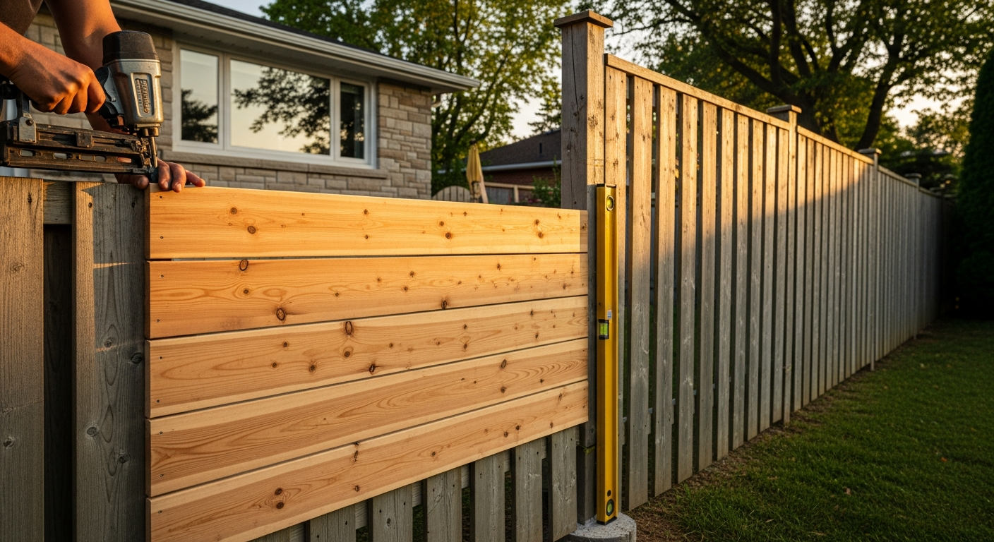 Close-up of professional fence repair & installation work delivered in Burlington