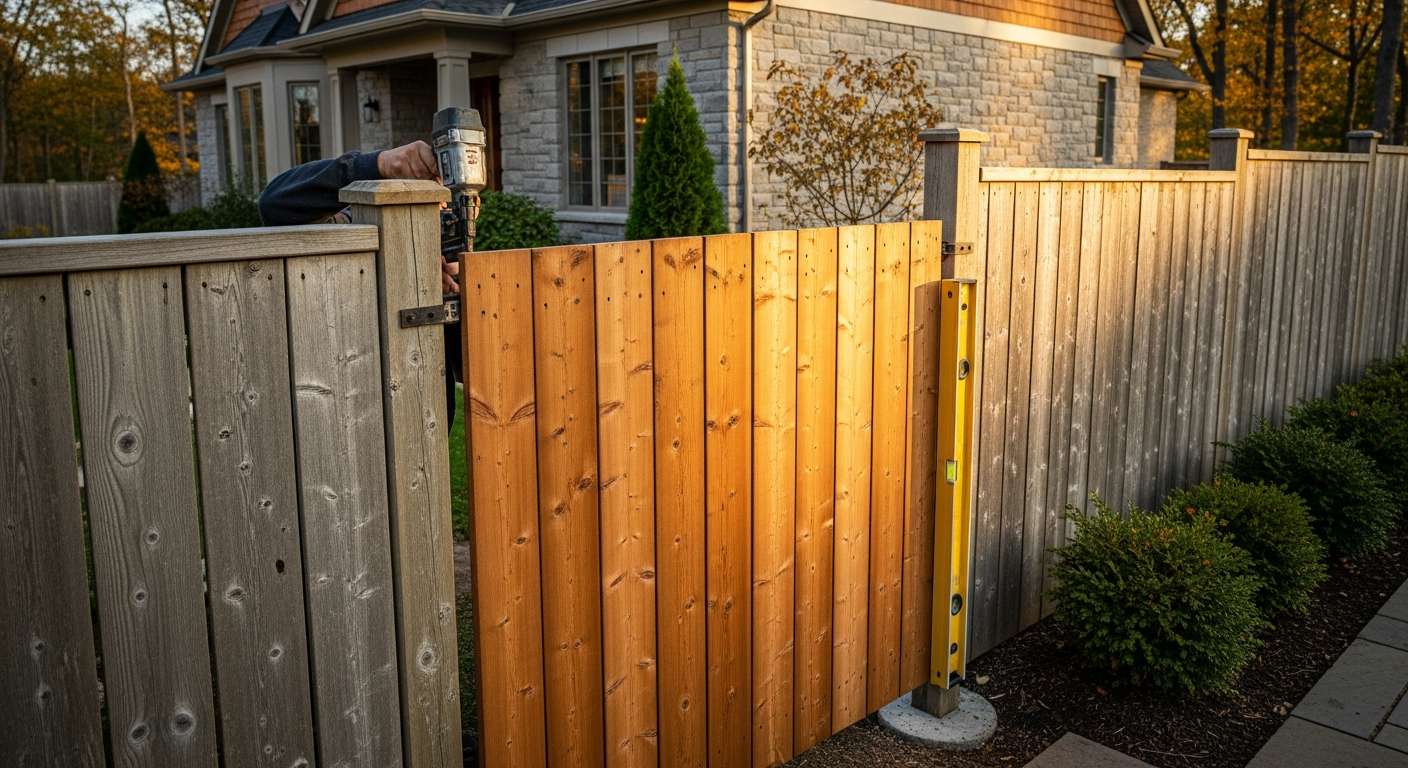 Detail view of a fence repair & installation job finished in Caledon — expert craftsmanship