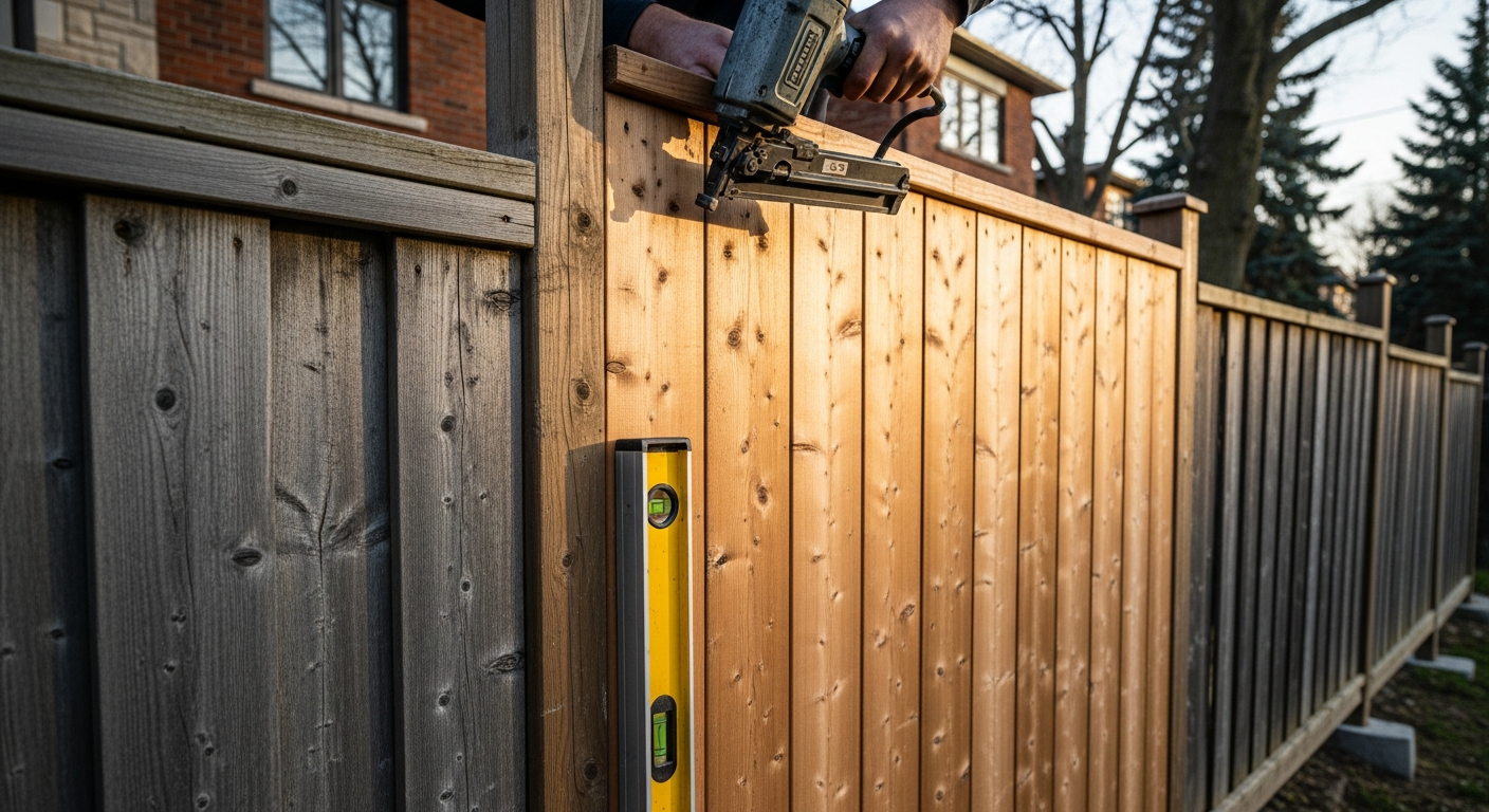 Close-up of professional fence repair & installation work delivered in North York