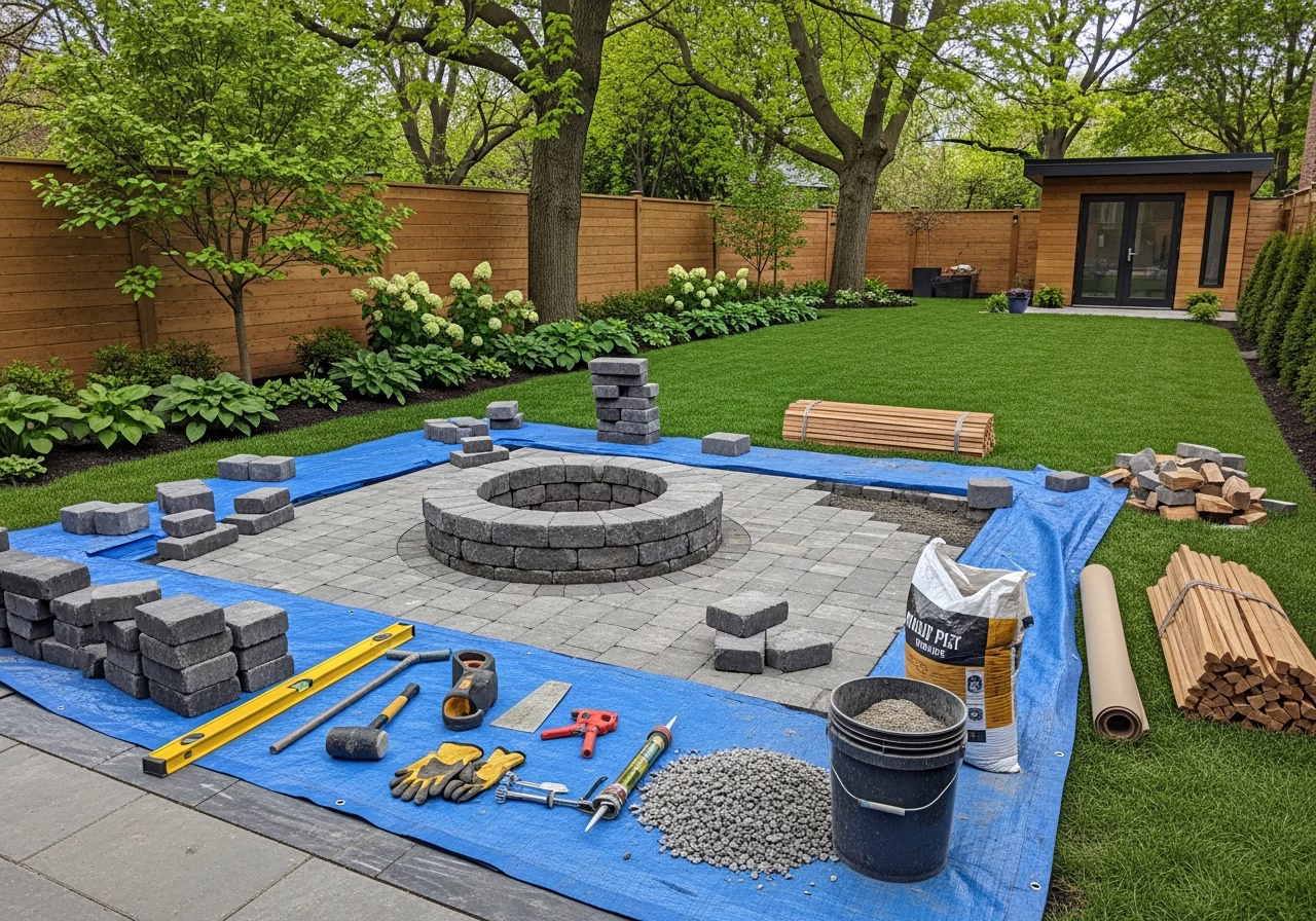 Fire Pit Installation in progress: tools, materials, and protective floor covering staged for a Toronto exterior work