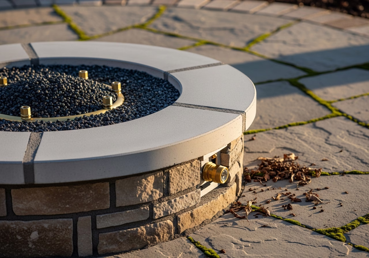 Close-up detail of professionally completed fire pit installation showing craftsmanship and finish quality