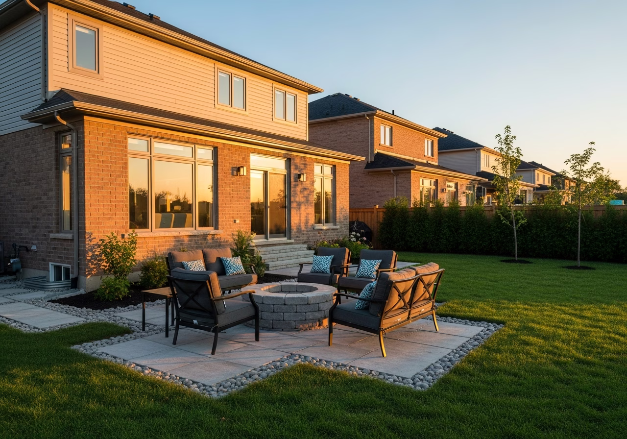 Finished fire pit installation result in a Toronto/GTA home, photographed in natural light