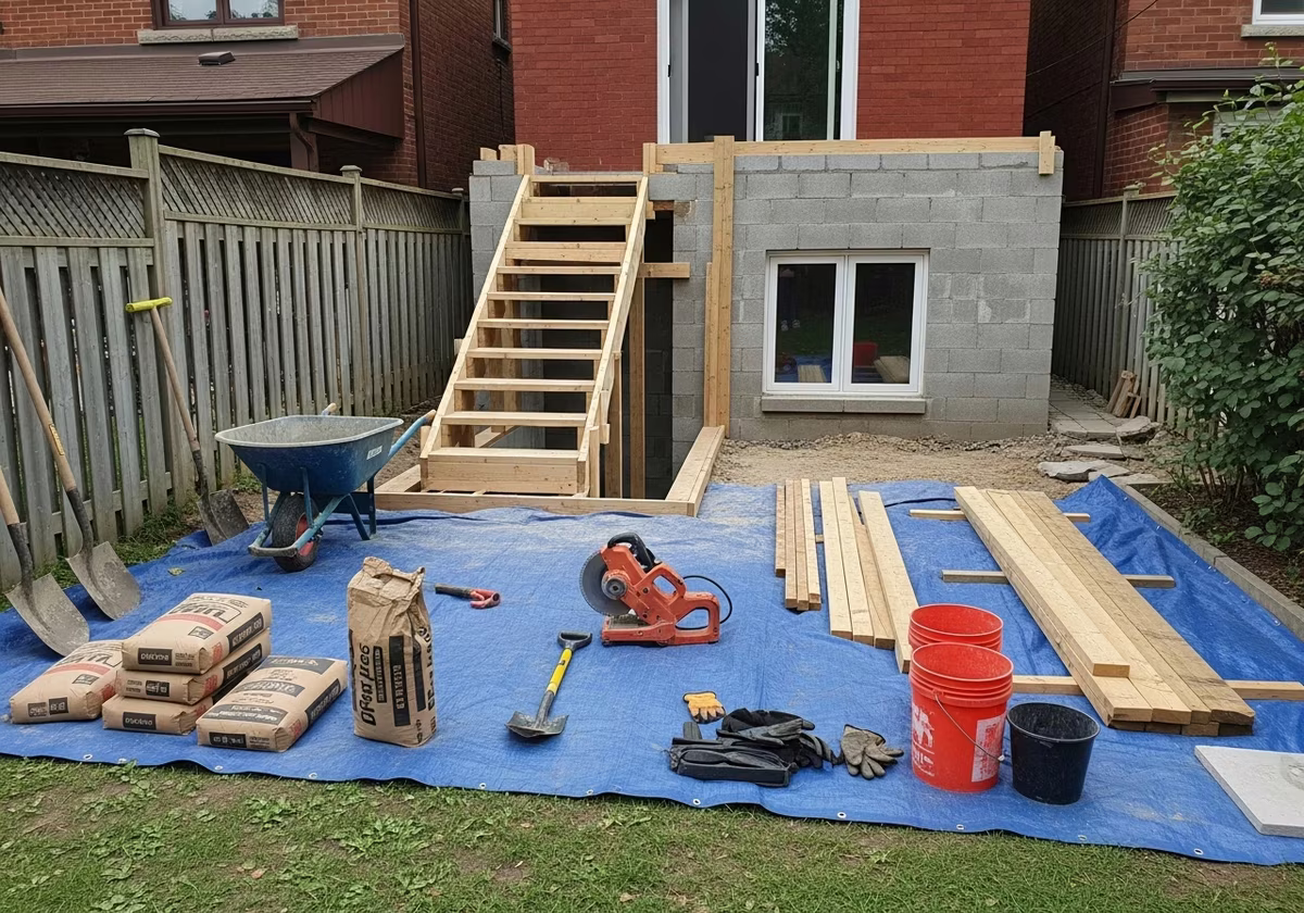 Second Egress for Basement Apartment tools and materials staged in Toronto home