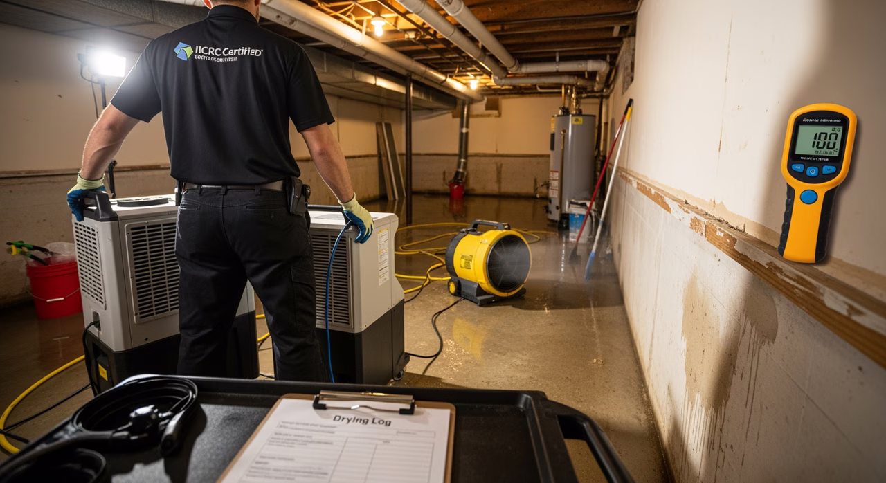 IICRC-certified Toronto water restoration tech operating commercial dehumidifier and air-mover in flooded basement