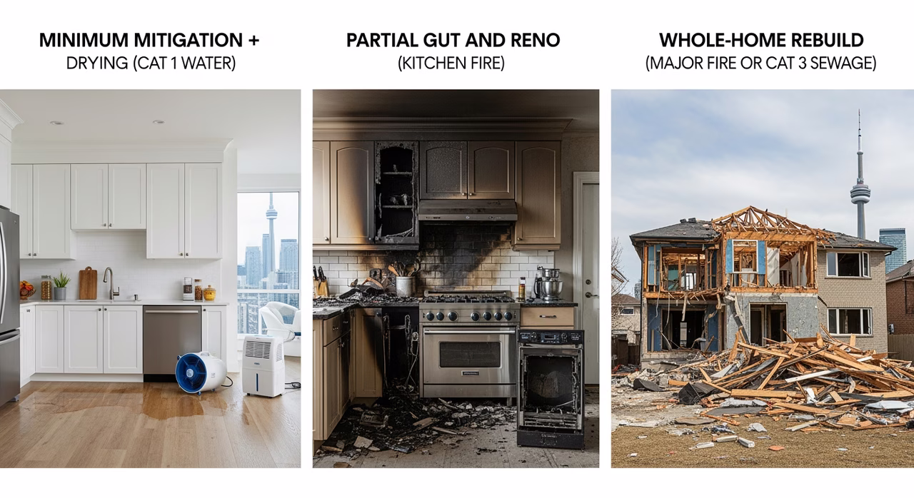 Three Toronto damage restoration tiers compared: mitigation plus drying Cat 1, partial gut Cat 2, whole-home rebuild Cat 3