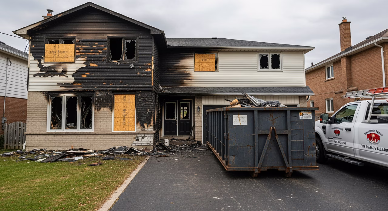 Toronto Etobicoke detached home exterior post-fire with restoration contractor truck and dumpster on driveway