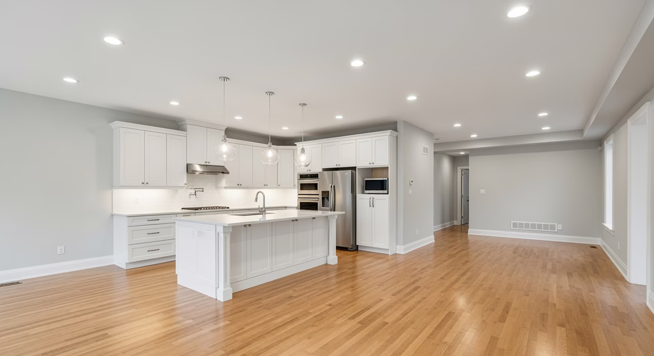 Completed Toronto post-restoration main floor after fire and water rebuild with pristine new white-shaker kitchen