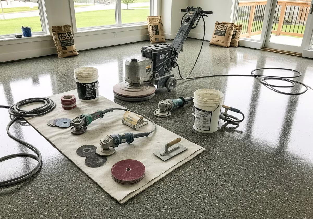 Polished Concrete Floor tools and materials staged in Toronto home