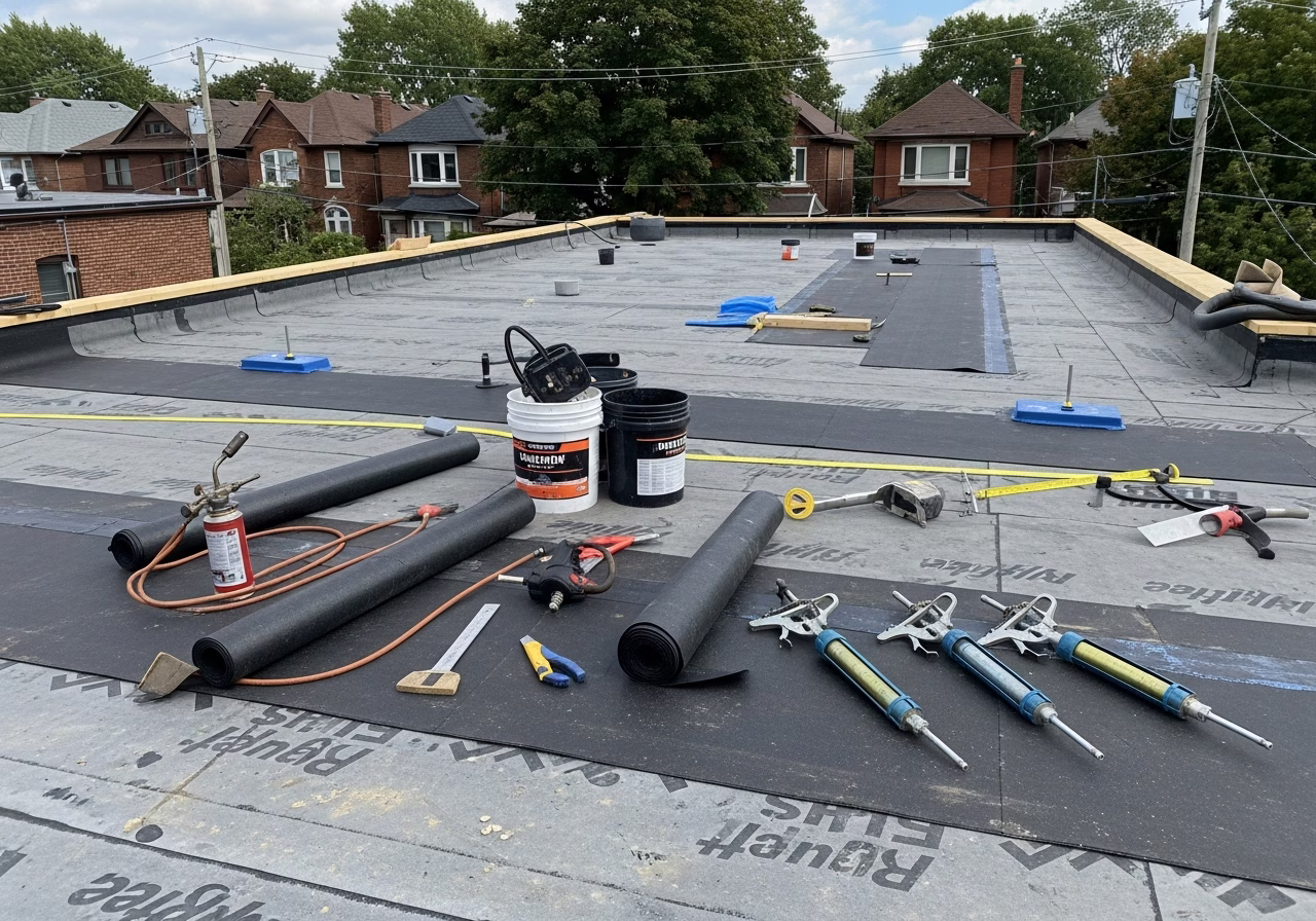 Flat Roof Installation in progress: tools, materials, and protective floor covering staged for a Toronto exterior work