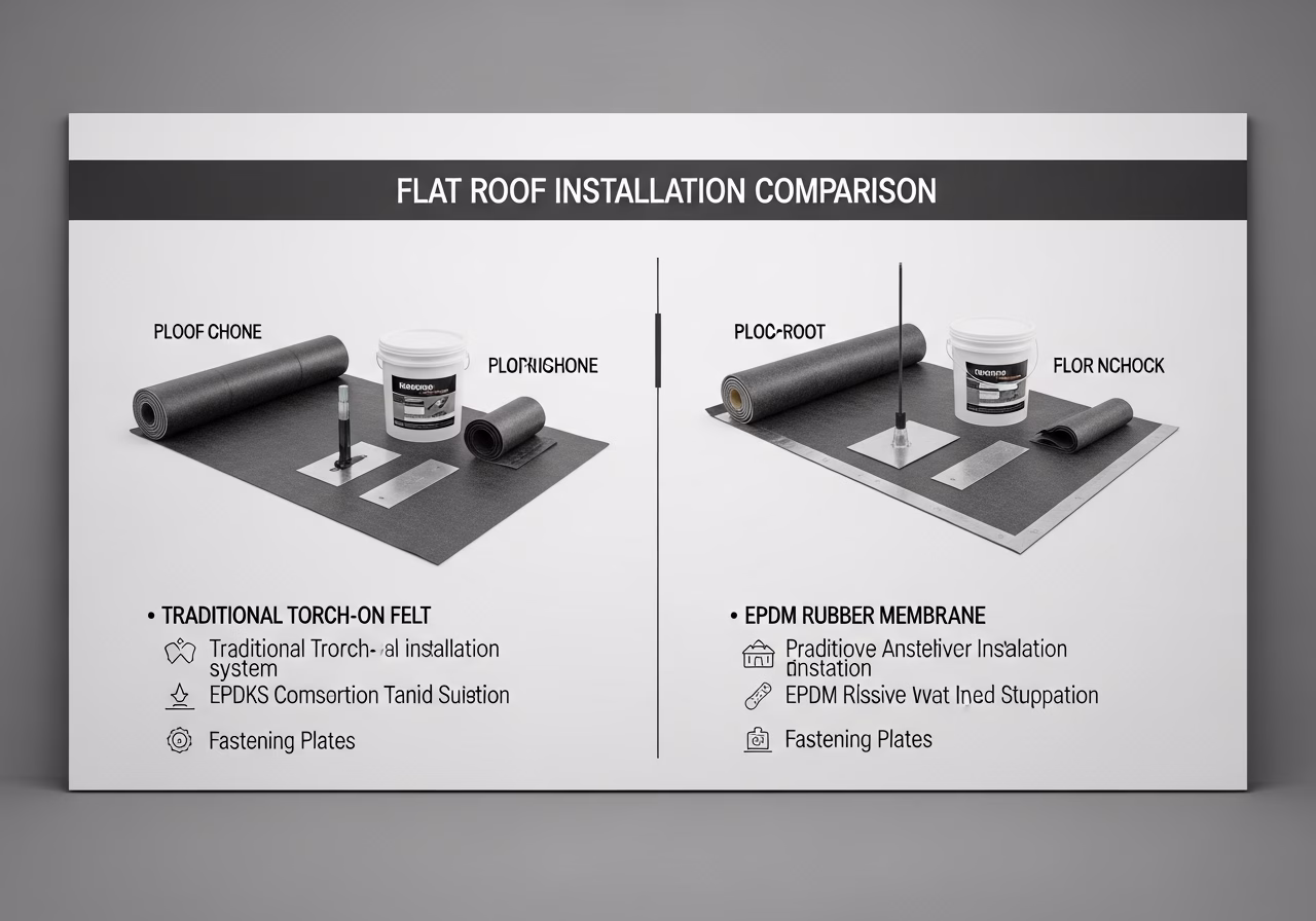 Side-by-side product and material comparison for flat roof installation — typical brands and finishes used in Toronto exterio