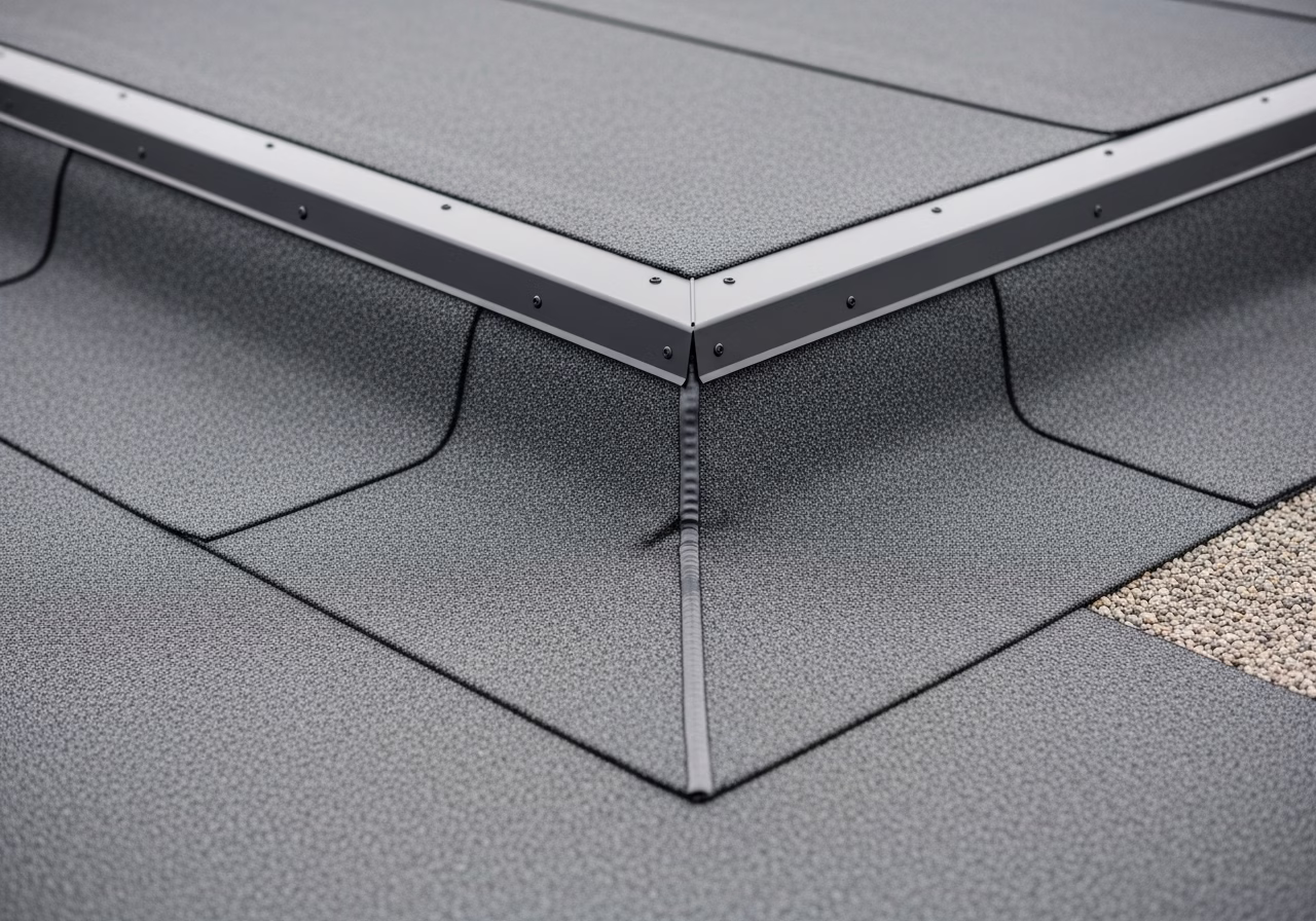 Close-up detail of professionally completed flat roof installation showing craftsmanship and finish quality