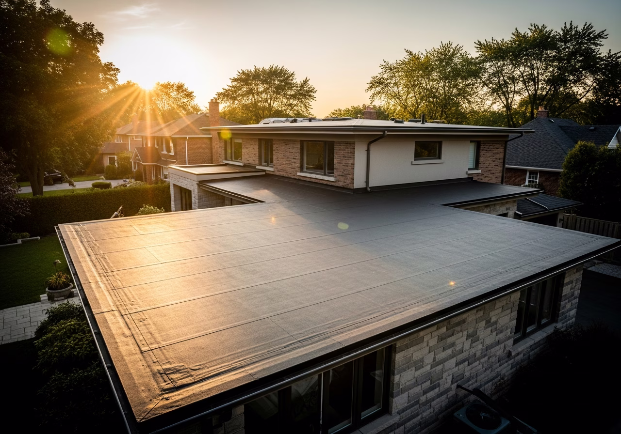 Finished flat roof installation result in a Toronto/GTA home, photographed in natural light