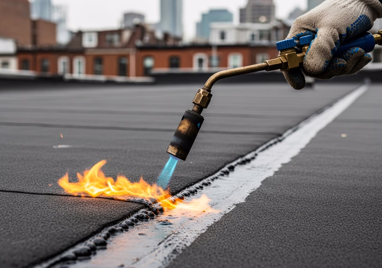 Torching down SBS modified bitumen seam on Toronto rowhouse flat roof