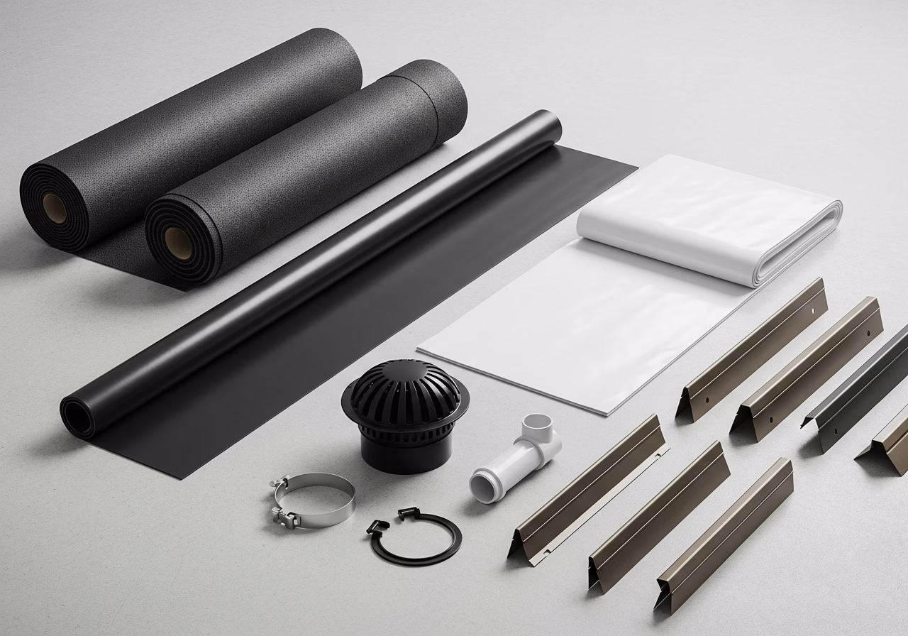 Flat roof materials — SBS bitumen, EPDM rubber, TPO single-ply, drain assembly
