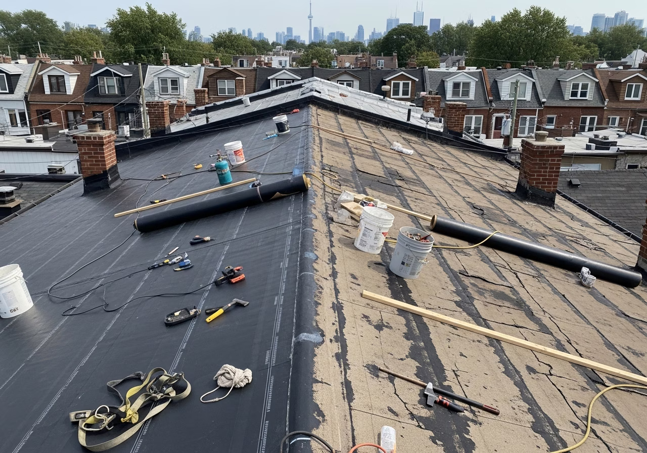 Toronto Trinity-Bellwoods rowhouse flat roof mid-install — new SBS over old failing