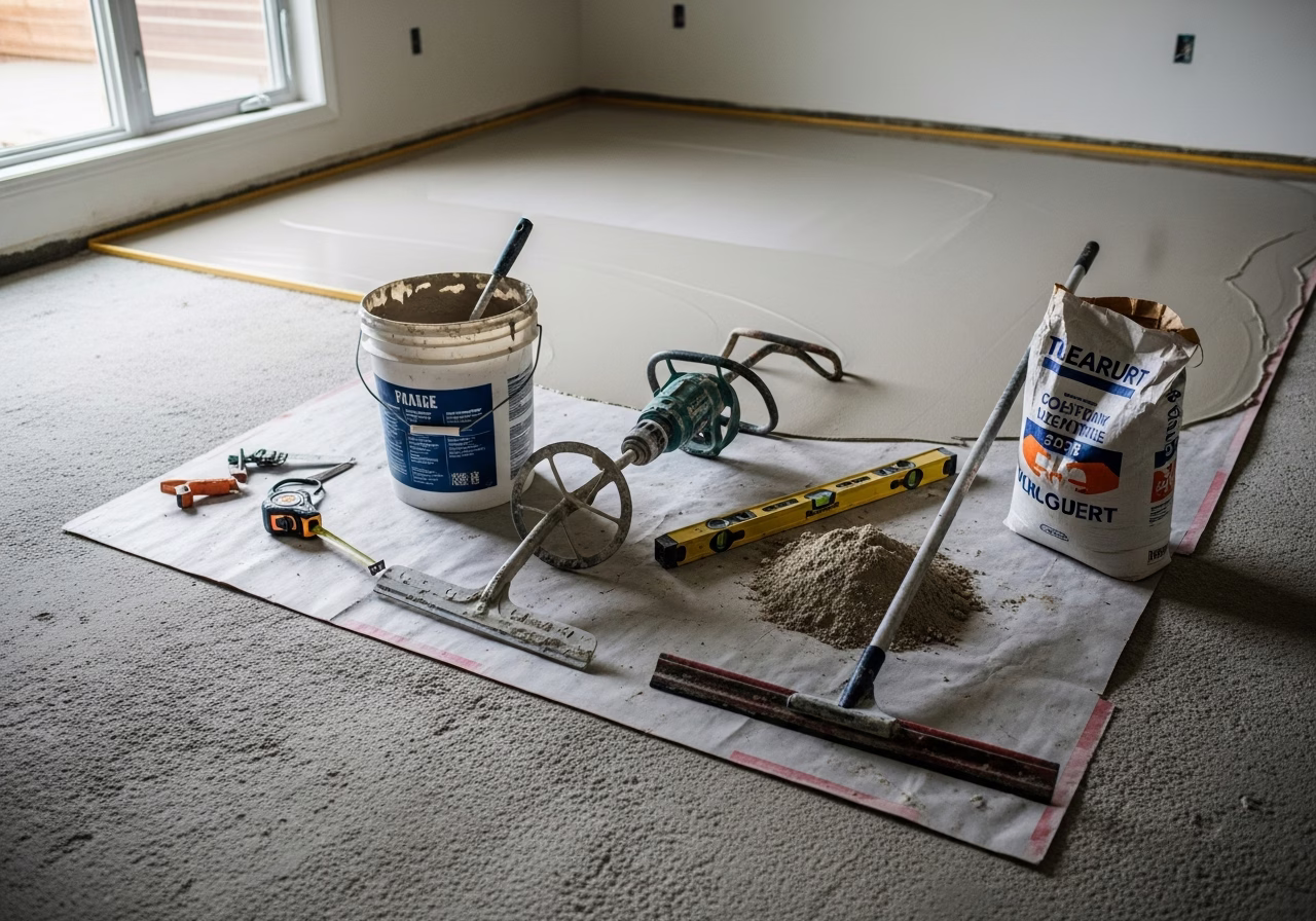 Floor Leveling in progress: tools, materials, and protective floor covering staged for a Toronto flooring installation