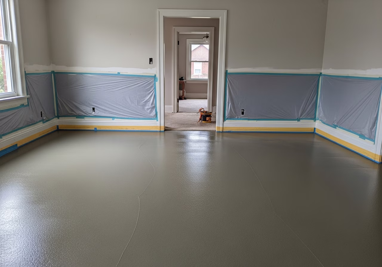 Close-up detail of professionally completed floor leveling showing craftsmanship and finish quality