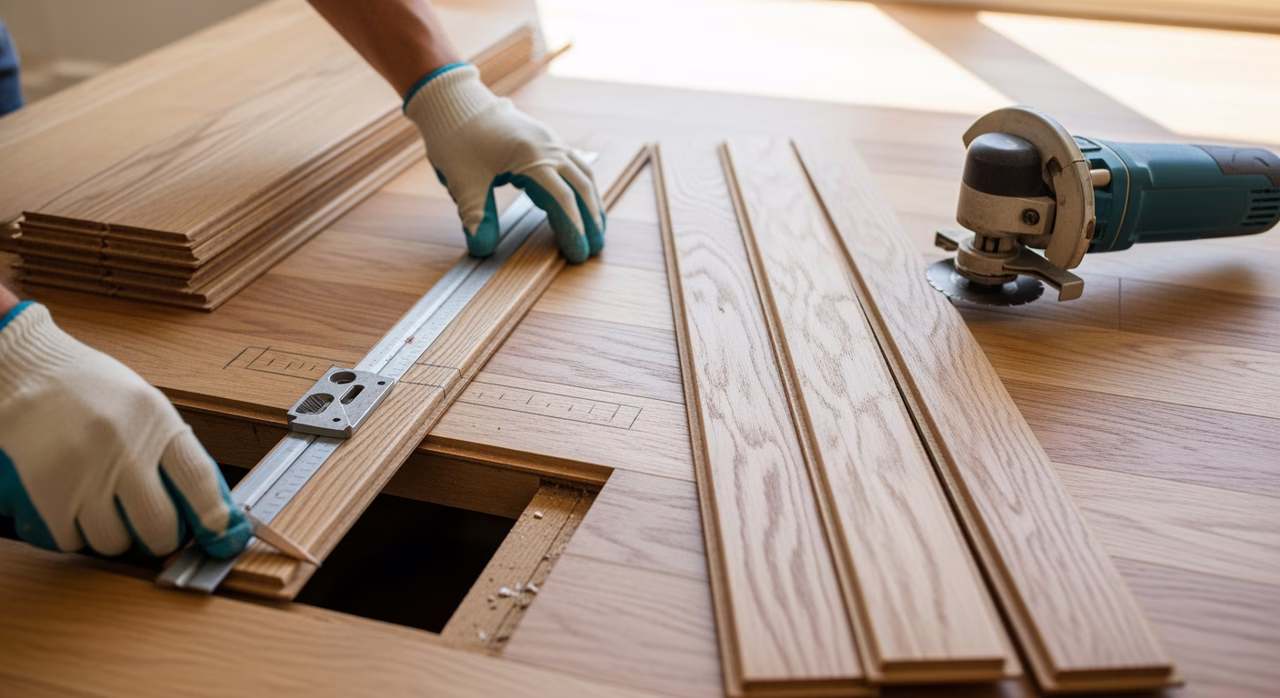 Toronto floor repair specialist replacing water-damaged section of 4-inch solid red oak strip flooring, pulled boards stacked beside, salvaged matching board being measured with square and pencil mark, oscillating multi-tool with flush-cut blade