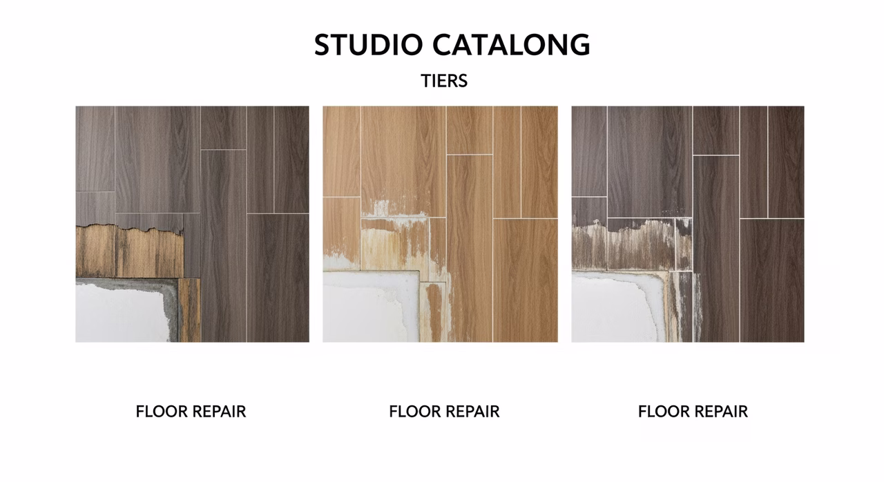 Three Toronto floor-repair tiers compared: spot-patch single-board face-nail with stain blend, 10-20 sq ft section replacement with transition and trim re-cut, major water-damage section with plywood subfloor replace and full stain-and-finish blend per IICRC S500