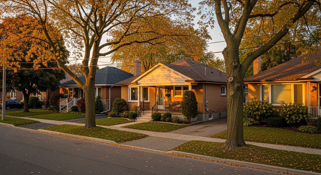 Toronto East York 1950s detached bungalow with mature trees on a family street at golden hour where floor-repair scopes from dishwasher leak to basement flood run $250-$2,000+ per job and protect $15K-$40K full-floor replacement