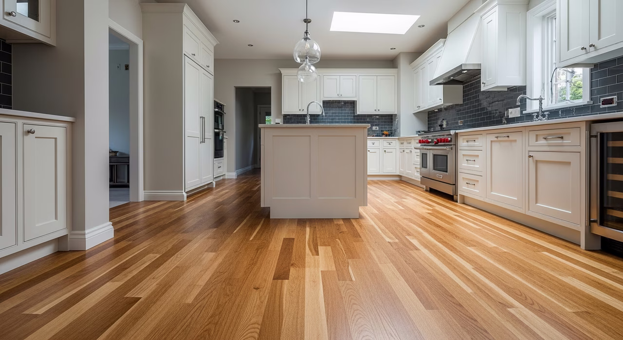 Completed Toronto kitchen with seamlessly-patched 4-inch solid red oak strip flooring with perfect grain-and-colour match across original and replaced boards after sand-and-3-coat-poly stain-blend, modern cabinetry