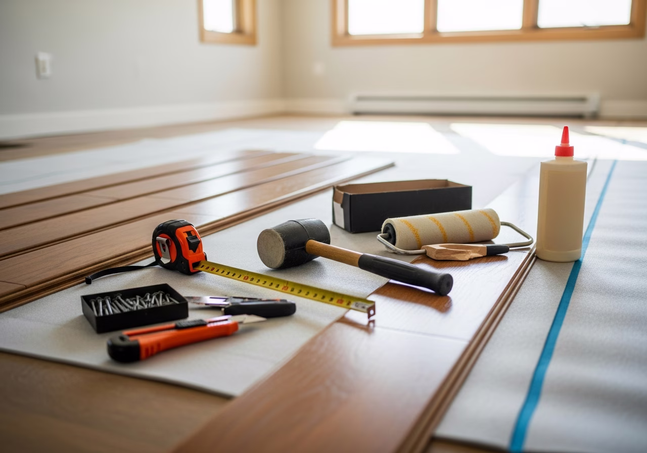 Tools and materials staged for flooring installation in Markham