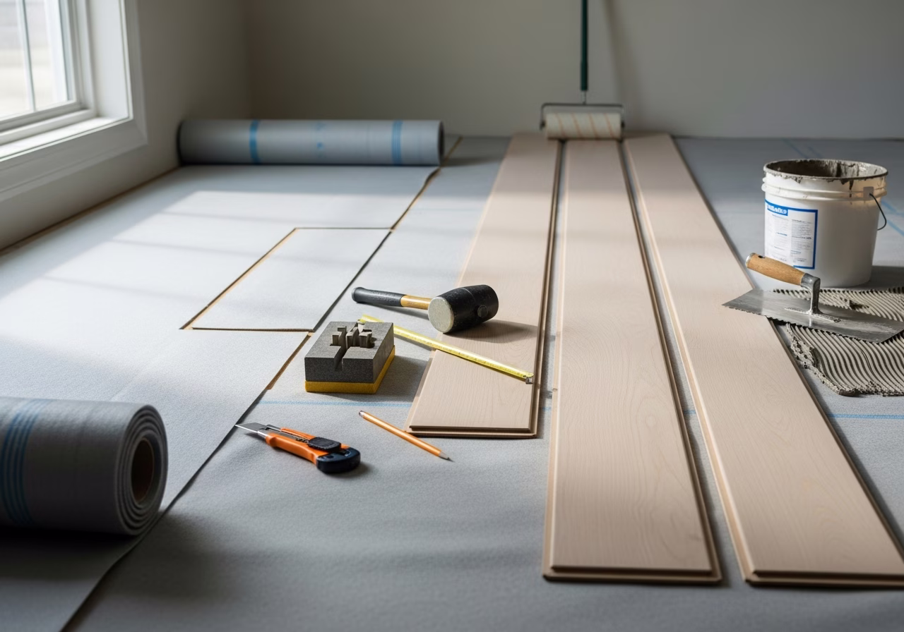 Tools and materials staged for flooring installation in Mississauga