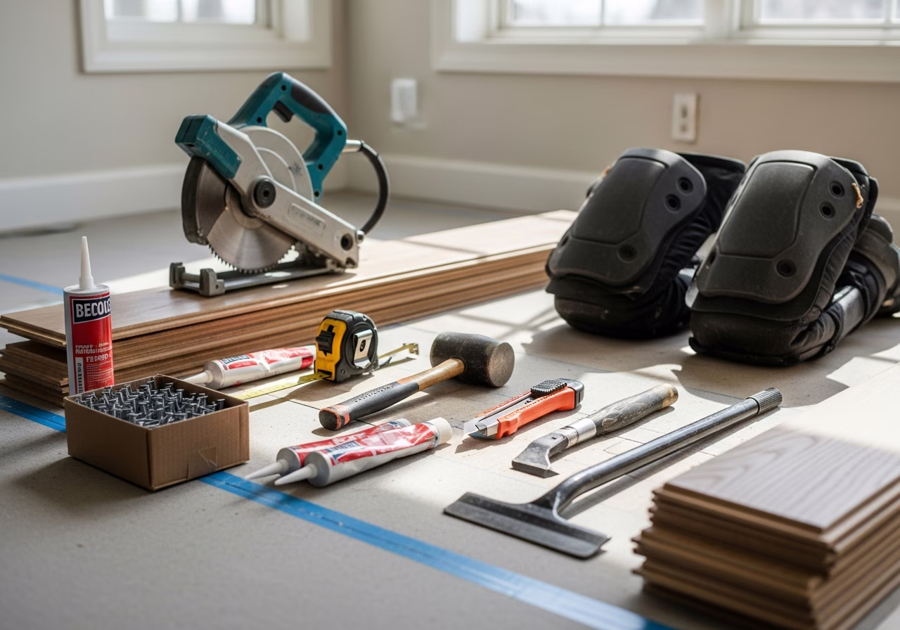 Tools and materials staged for flooring installation in Oakville