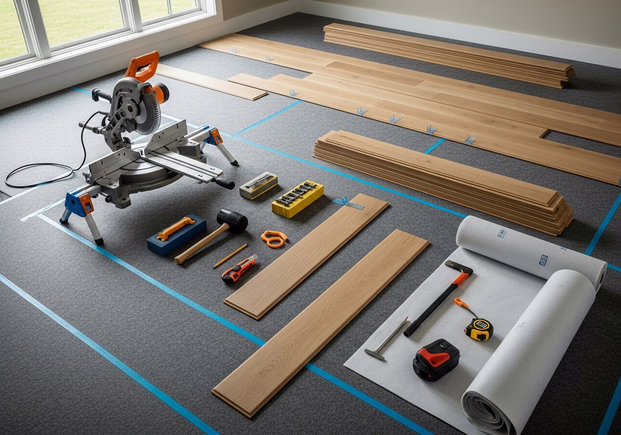 Tools and materials staged for flooring installation in Toronto