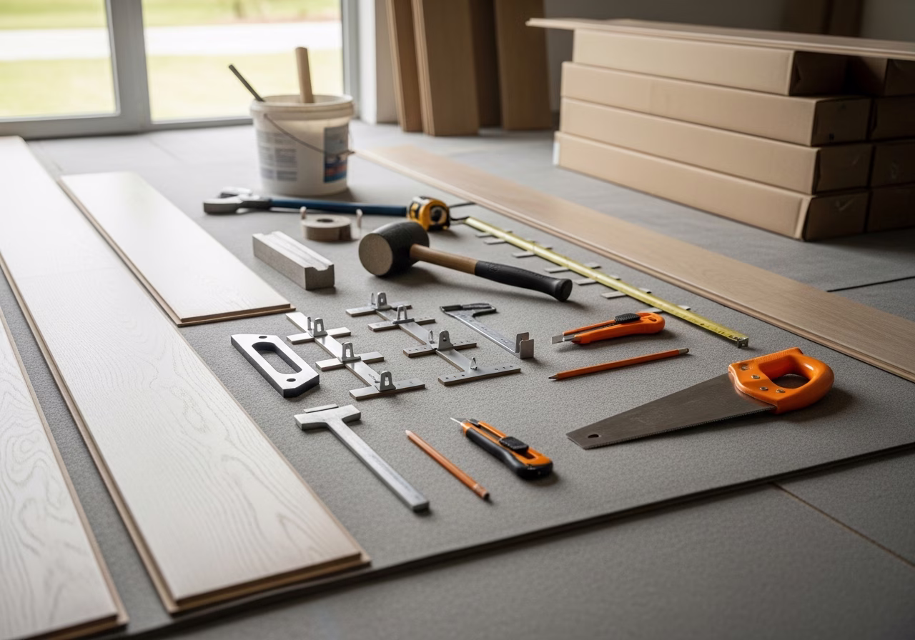 Tools and materials staged for flooring installation in Vaughan