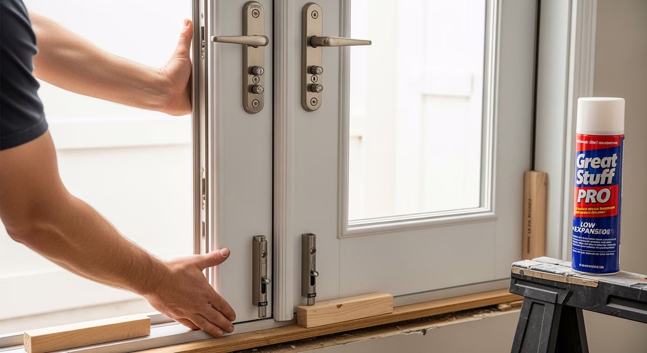Toronto french-doors installer setting Andersen 400 Series fibreglass double-french patio door slab into rough opening, prehung astragal assembly between two active doors, multi-point Truth Encore lock at top and bottom, low-expansion Great Stuff Pro foam