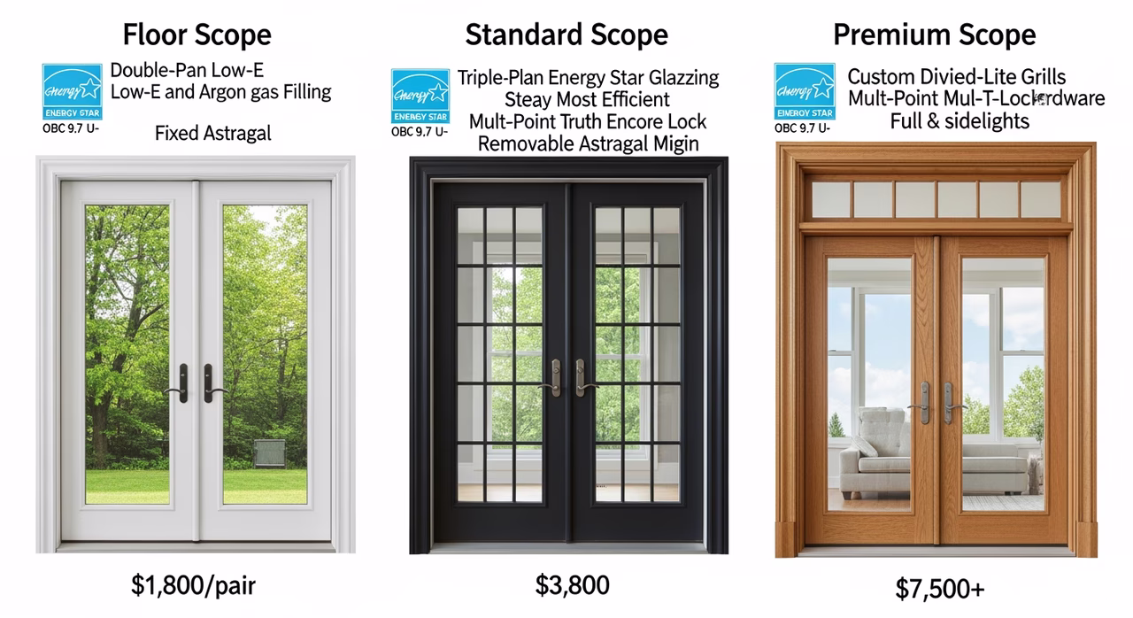 Three Toronto french-doors tiers compared: floor vinyl double-french double-pane low-e and argon single-point at $1,800/pair, standard Centennial or Pella fibreglass Energy Star Most Efficient triple-pane multi-point Truth Encore at $3,800, premium Andersen 400 Series clad-wood with divided-lite Mul-T-Lock at $7,500+
