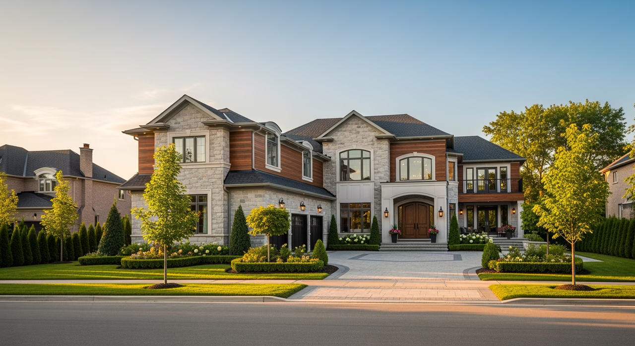 Toronto Oakville 2010s detached luxury home with manicured landscaping and stone-veneer facade on prestigious suburban street at golden hour where premium clad-wood french-doors to rear deck commonly run $7,500+