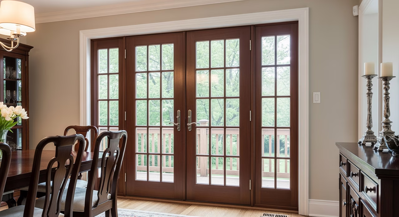 Completed Toronto formal dining room with newly-installed Andersen 400 Series clad-wood french-doors leading to rear garden, factory-stained mahogany interior finish, white-painted exterior, multi-point lock hardware, custom divided-lite glass