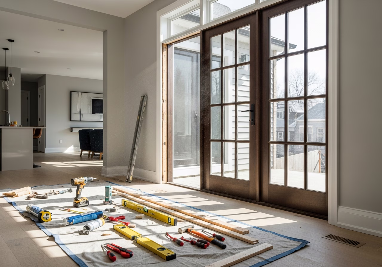 Tools and materials staged for french doors installation