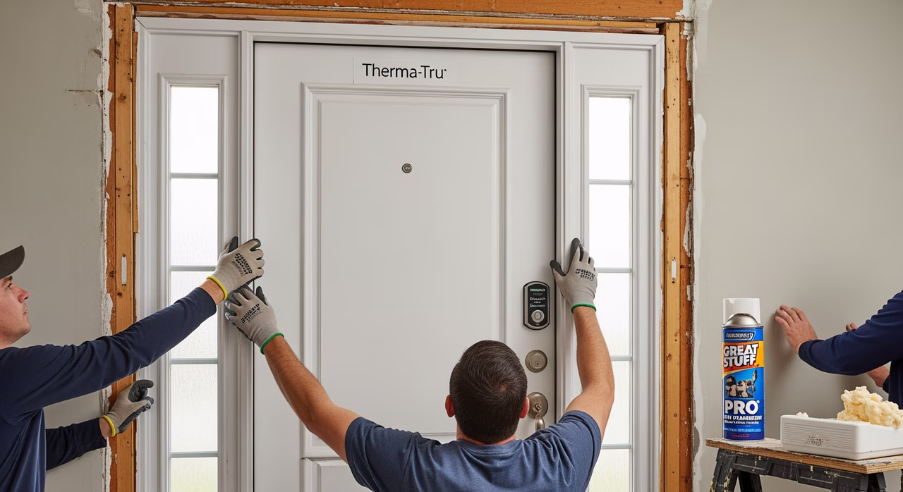 Toronto front-door-replacement crew lifting Therma-Tru Classic Craft fibreglass entry-door prehung unit into rough opening of 1990s North York detached, sidelight panels alongside, multi-point Schlage Encode smart-deadbolt in factory-bored hole, low-expansion Great Stuff Pro foam